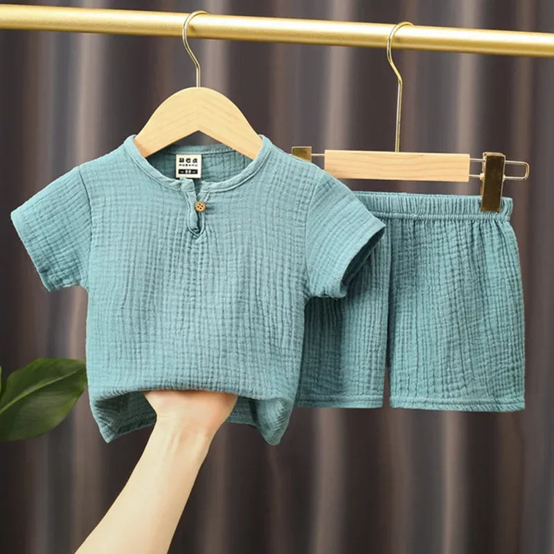 Summer Cotton Linen T-Shirts and Shorts Set for Kids